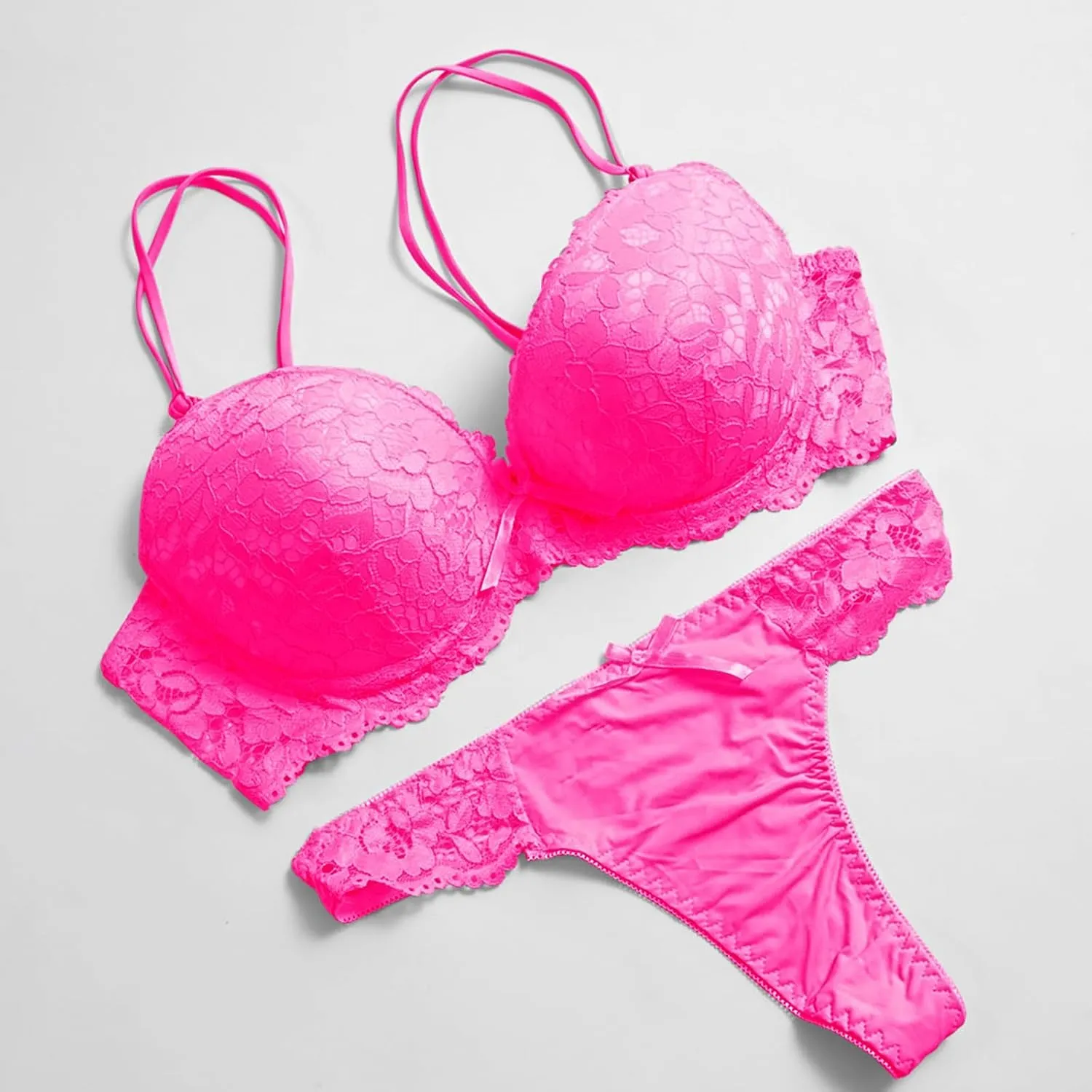 Women's Sexy Lace Lingerie Underwire Push Up Lifting Double Shoulder Strap Bra and Thongs Panty Two Piece Set