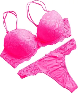 Women's Sexy Lace Lingerie Underwire Push Up Lifting Double Shoulder Strap Bra and Thongs Panty Two Piece Set