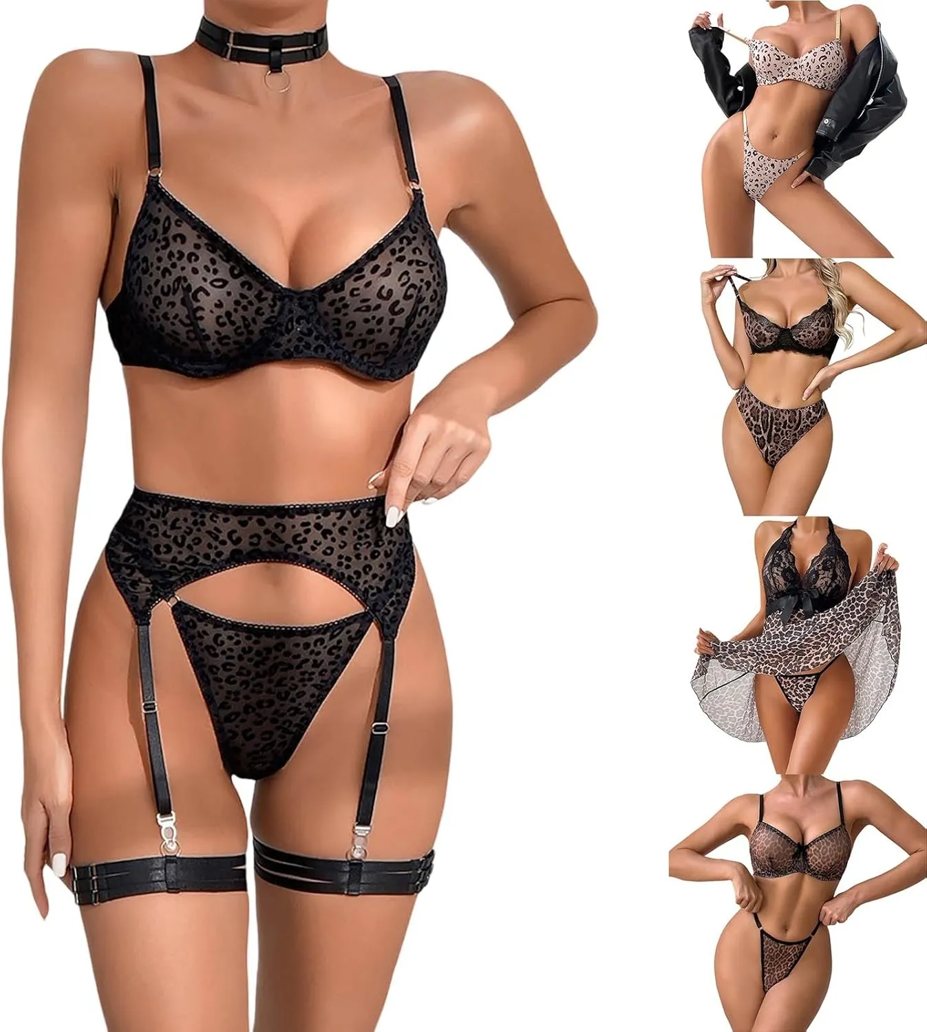 Womens Sexy Leopard Print Lingerie Matching Bra and Thong Panty Sets Push Up Bralette 2 Piece Negligees Lingerie Set