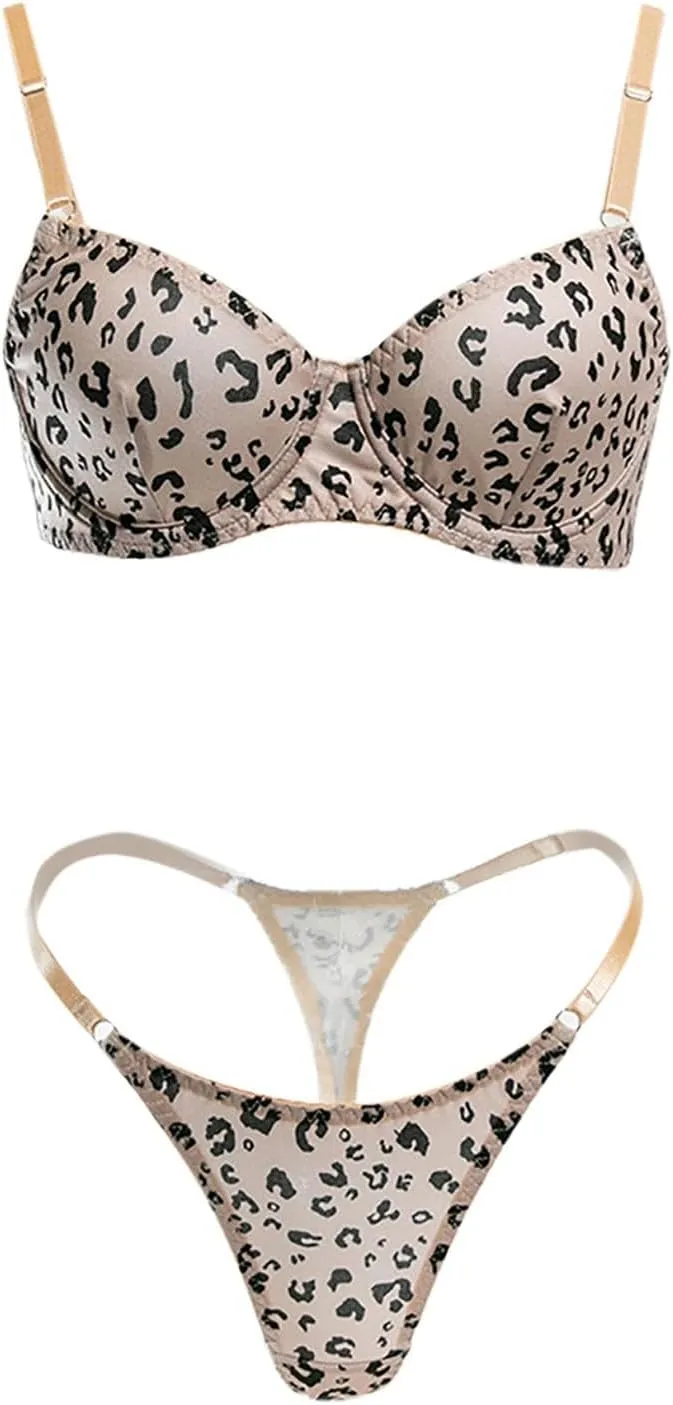 Womens Sexy Leopard Print Lingerie Matching Bra and Thong Panty Sets Push Up Bralette 2 Piece Negligees Lingerie Set