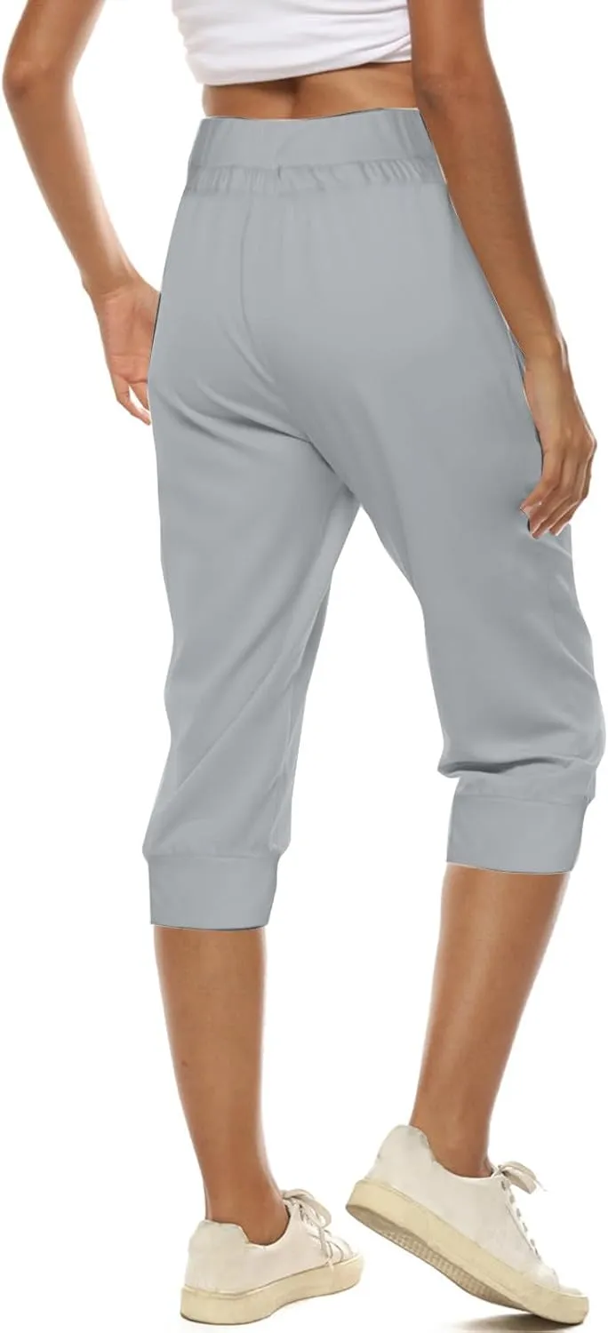 Women's Straight Leg Cropped Pants with Pocket Jogger Track Cuff Sweatpants Drawstring Workout Causal Lounge Pants