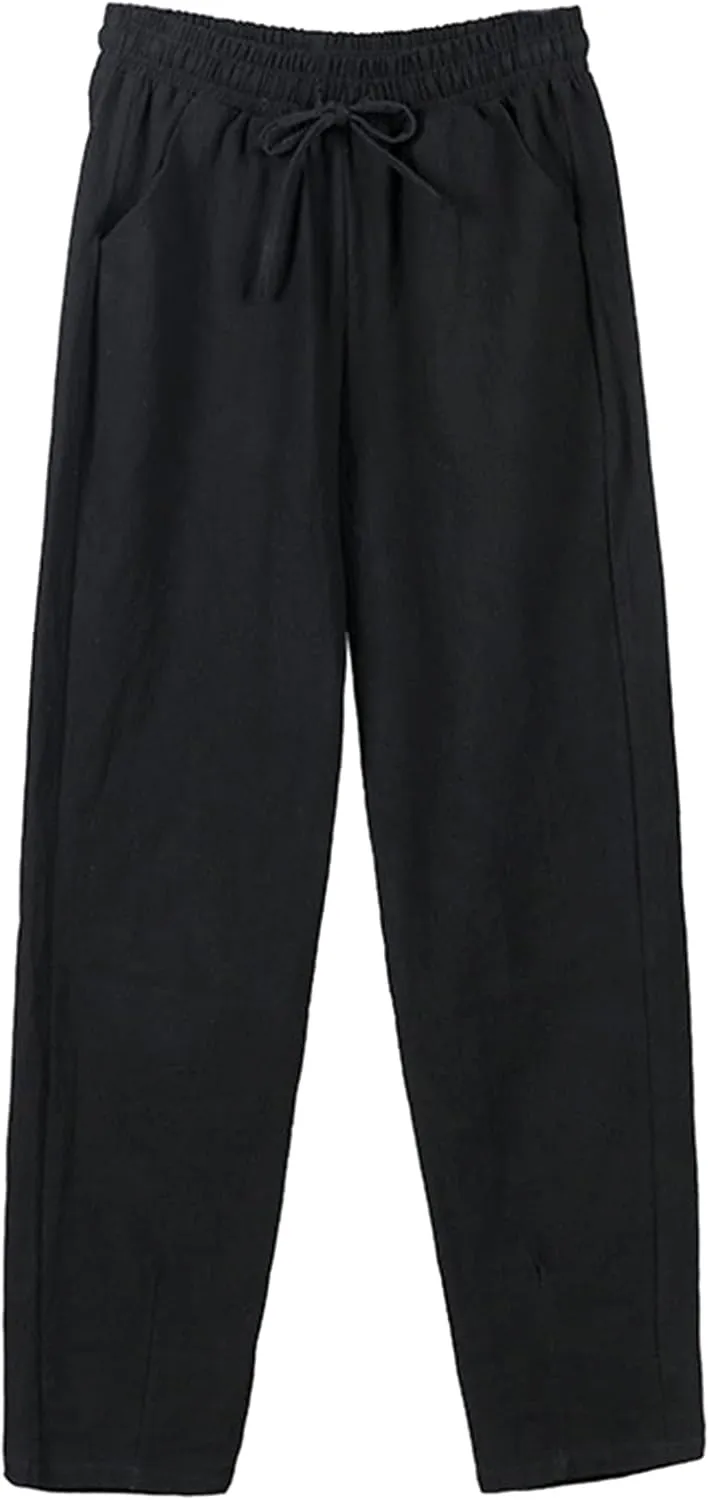 Womens Sweat Pants Drawstring Casual Linen Elastic Women Leg Solid Cotton Open Bottom Sweat Pants for Women with