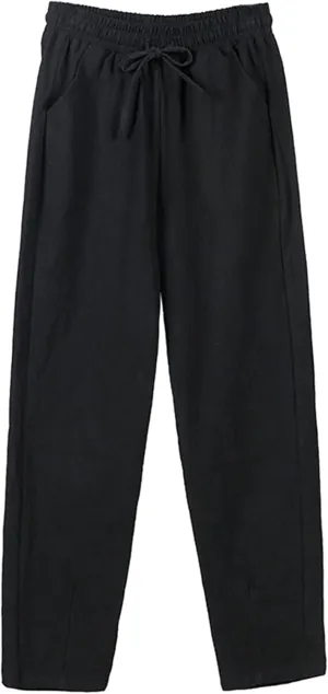 Womens Sweat Pants Drawstring Casual Linen Elastic Women Leg Solid Cotton Open Bottom Sweat Pants for Women with