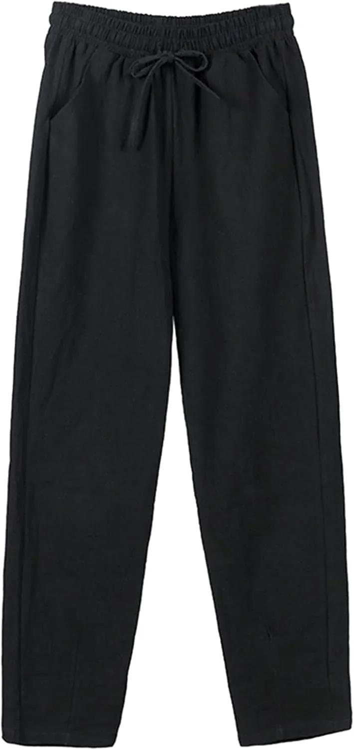 Womens Sweat Pants Drawstring Casual Linen Elastic Women Leg Solid Cotton Open Bottom Sweat Pants for Women with