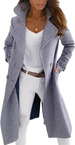 Women's Waterproof Double-Breasted Trench Coat Classic Lapel Overcoat Slim Outerwear Solid Color Mid-Length Coat