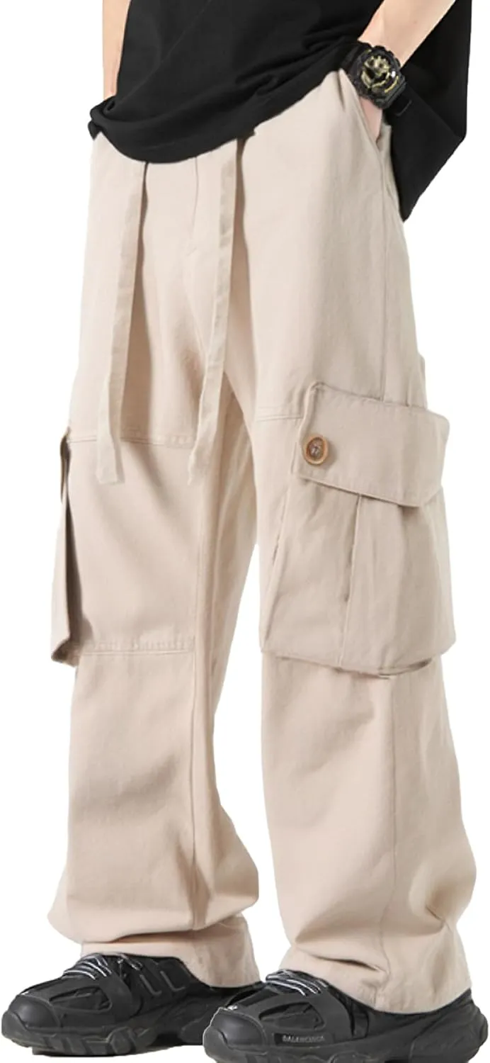 XYXIONGMAO Men's Black Overalls Loose Pleated Hip Hop Streetwear Cargo Pants Multi-Pocket Joggers Techwear Casual Sweatpants