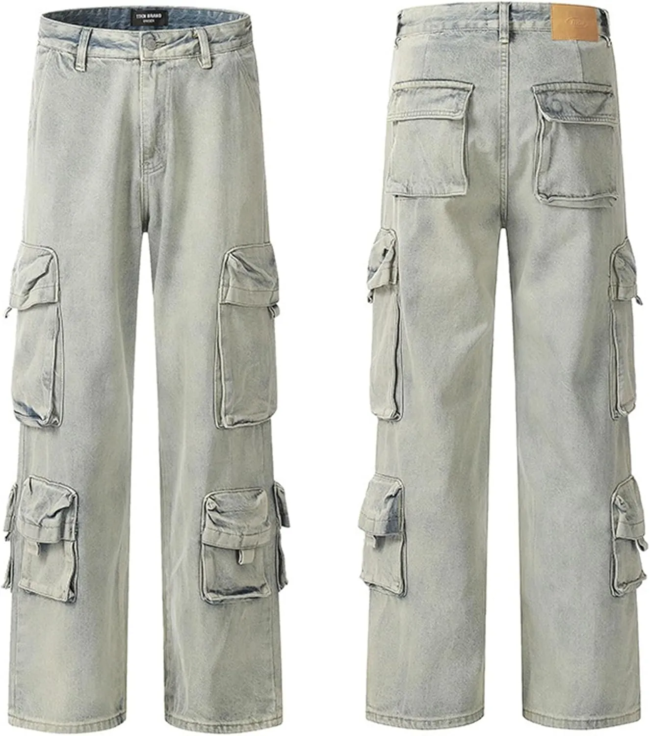 XYXIONGMAO Men's Blue Cargo Pants Multi-Pocket Washed Denim Streetwear Sweatpants Hip Hop Casual Jeans Techwear Overalls