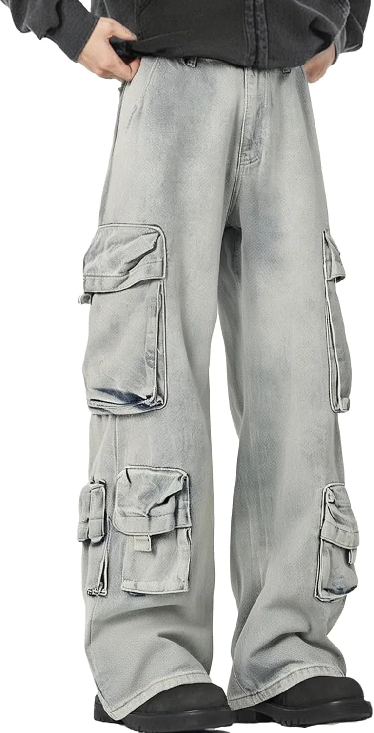 XYXIONGMAO Men's Blue Cargo Pants Multi-Pocket Washed Denim Streetwear Sweatpants Hip Hop Casual Jeans Techwear Overalls