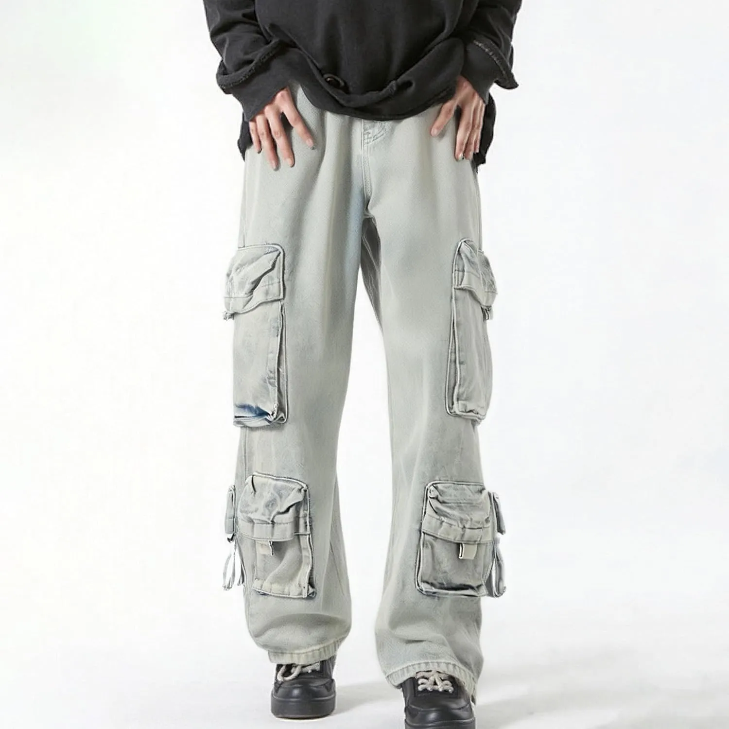 XYXIONGMAO Men's Blue Cargo Pants Multi-Pocket Washed Denim Streetwear Sweatpants Hip Hop Casual Jeans Techwear Overalls