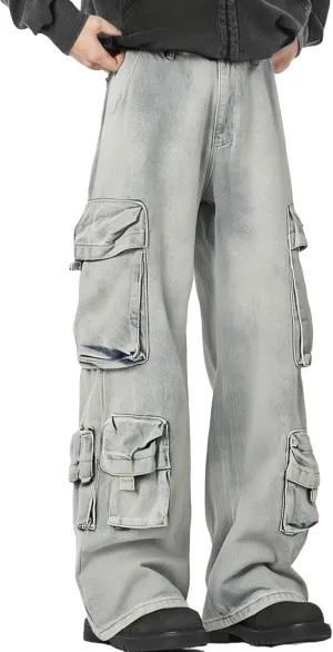 XYXIONGMAO Men's Blue Cargo Pants Multi-Pocket Washed Denim Streetwear Sweatpants Hip Hop Casual Jeans Techwear Overalls
