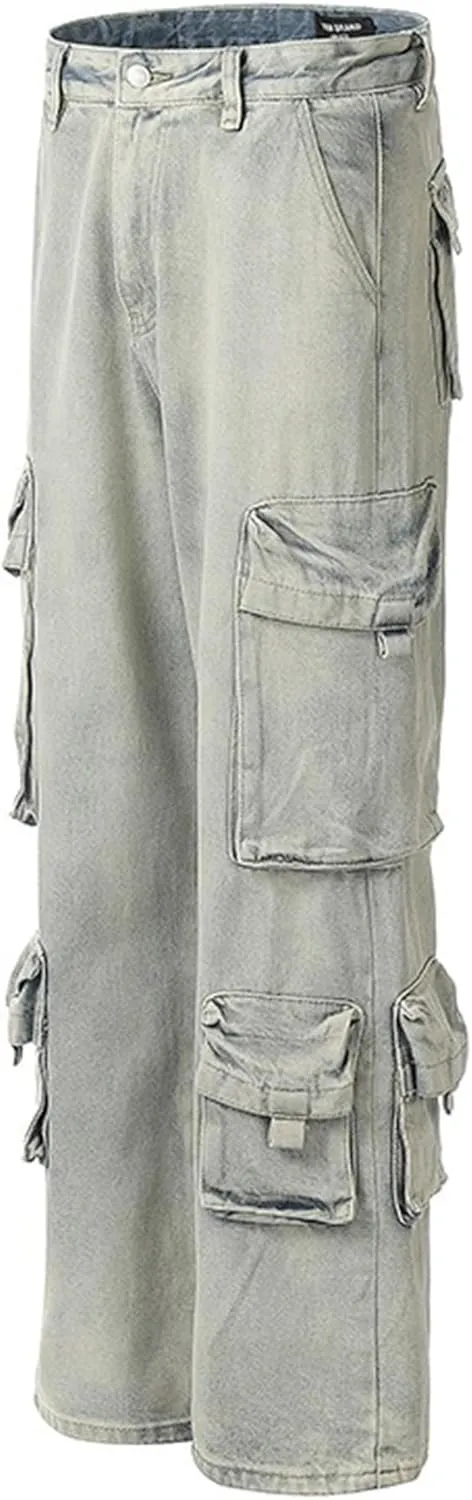 XYXIONGMAO Men's Blue Cargo Pants Multi-Pocket Washed Denim Streetwear Sweatpants Hip Hop Casual Jeans Techwear Overalls
