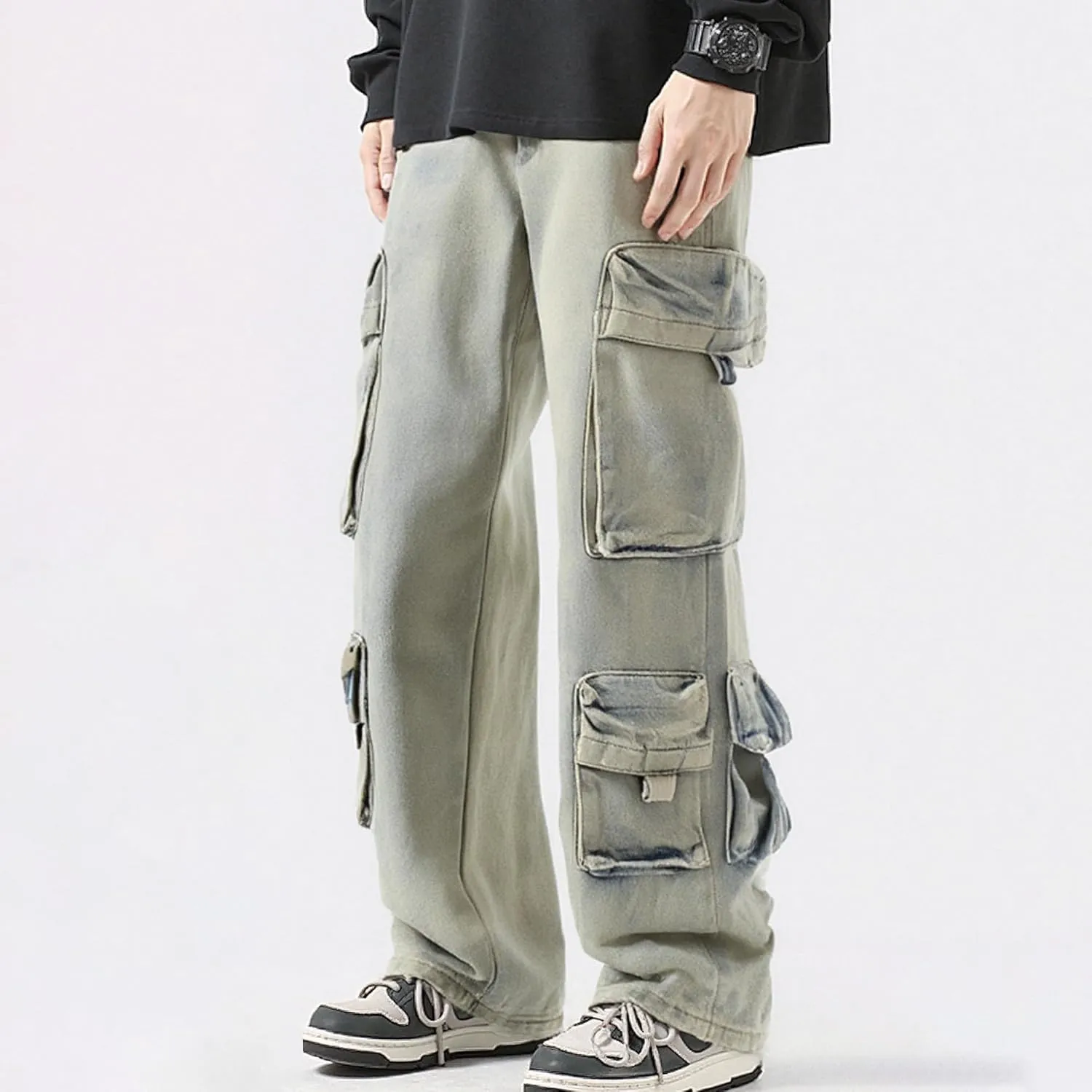 XYXIONGMAO Men's Blue Cargo Pants Multi-Pocket Washed Denim Streetwear Sweatpants Hip Hop Casual Jeans Techwear Overalls
