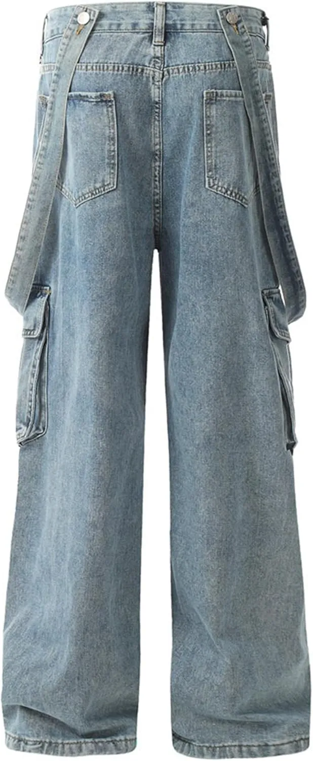 XYXIONGMAO Men's Blue Casual Loose Hip Hop Techwear Streetwear Slacks Functional Washed Multi-Pocket Cargo Pants Jeans