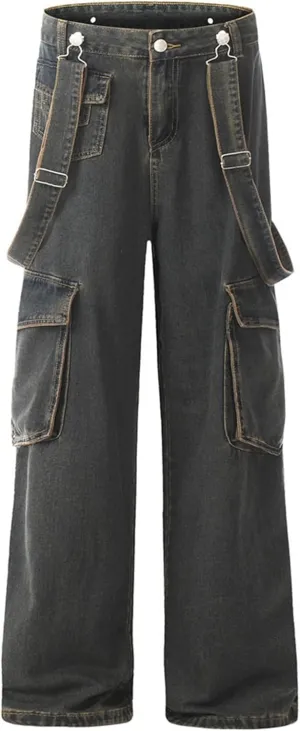XYXIONGMAO Men's Blue Casual Loose Hip Hop Techwear Streetwear Slacks Functional Washed Multi-Pocket Cargo Pants Jeans