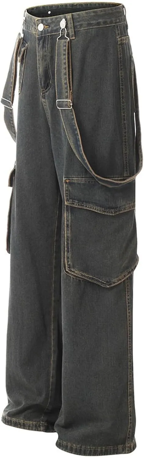 XYXIONGMAO Men's Blue Casual Loose Hip Hop Techwear Streetwear Slacks Functional Washed Multi-Pocket Cargo Pants Jeans