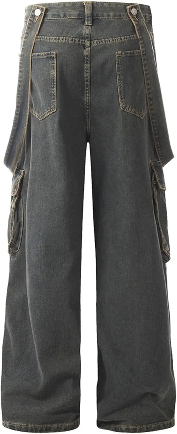 XYXIONGMAO Men's Blue Casual Loose Hip Hop Techwear Streetwear Slacks Functional Washed Multi-Pocket Cargo Pants Jeans