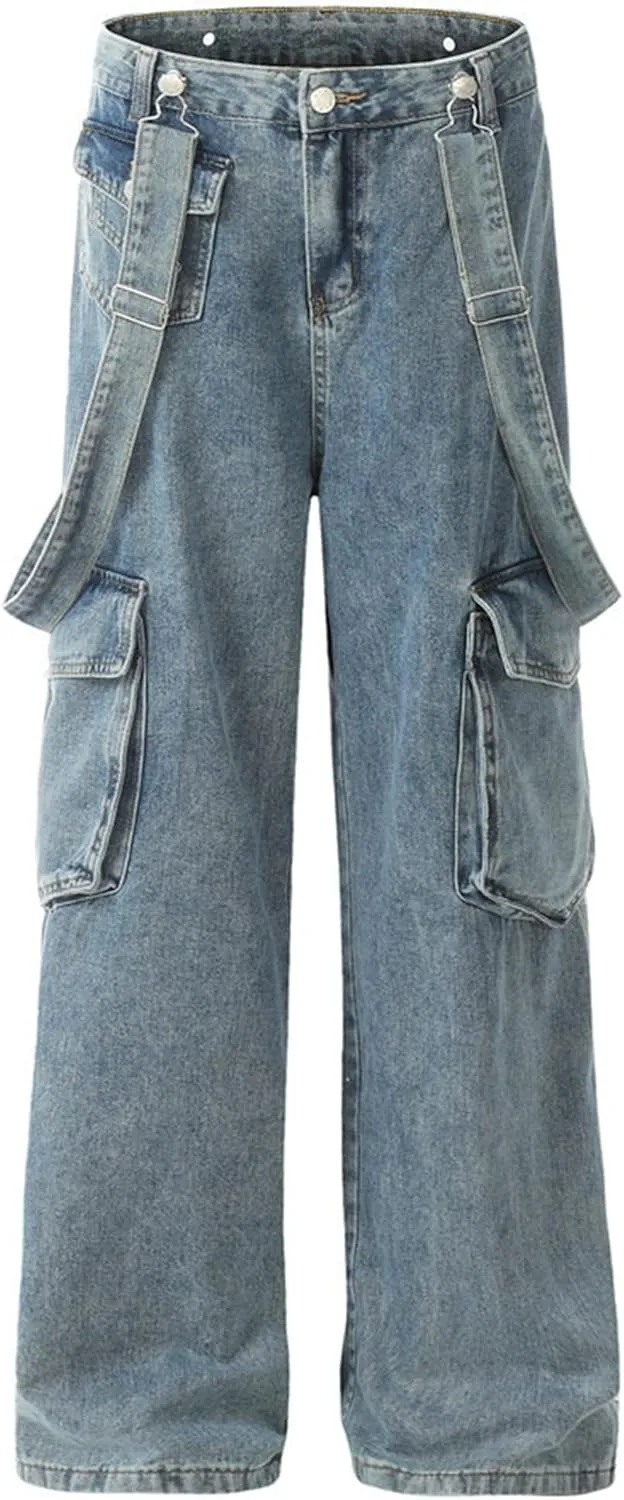 XYXIONGMAO Men's Blue Casual Loose Hip Hop Techwear Streetwear Slacks Functional Washed Multi-Pocket Cargo Pants Jeans