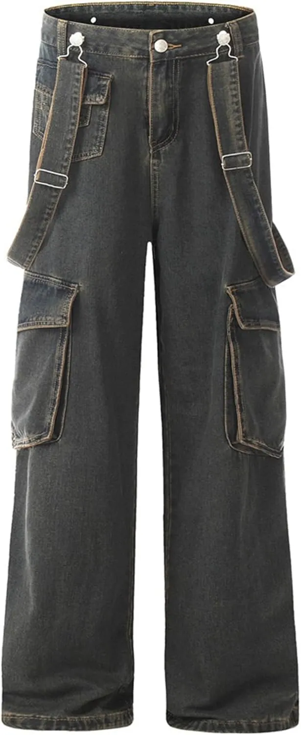 XYXIONGMAO Men's Blue Casual Loose Hip Hop Techwear Streetwear Slacks Functional Washed Multi-Pocket Cargo Pants Jeans