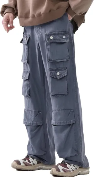 XYXIONGMAO Men's Blue Denim Cargo Pants Multi-Pocket Washed Hip Hop Casual Jeans Streetwear Sweatpants Techwear Overalls