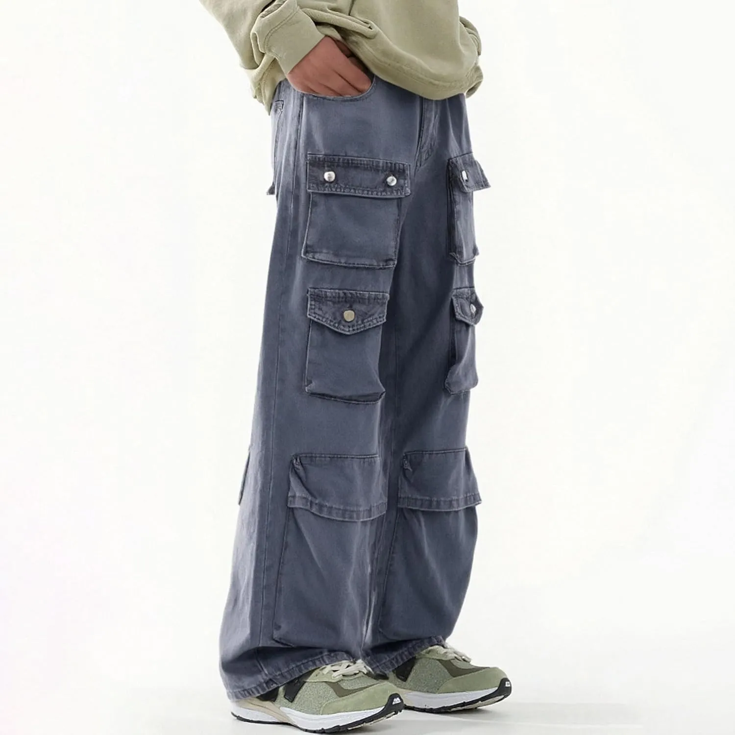 XYXIONGMAO Men's Blue Denim Cargo Pants Multi-Pocket Washed Hip Hop Casual Jeans Streetwear Sweatpants Techwear Overalls