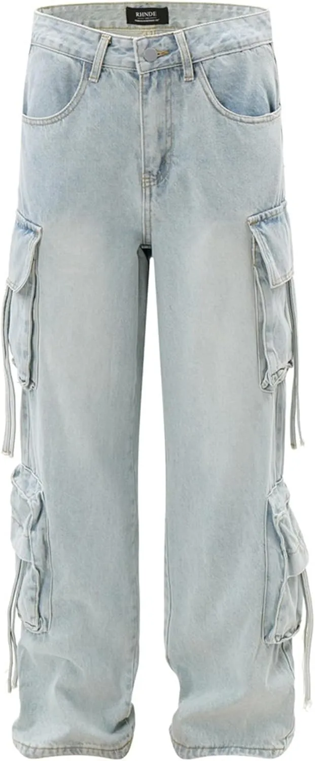 XYXIONGMAO Men's Blue Denim Heavy Washed Multi-Pocket Cargo Pants Functional Hip Hop Techwear Streetwear Slacks Jeans