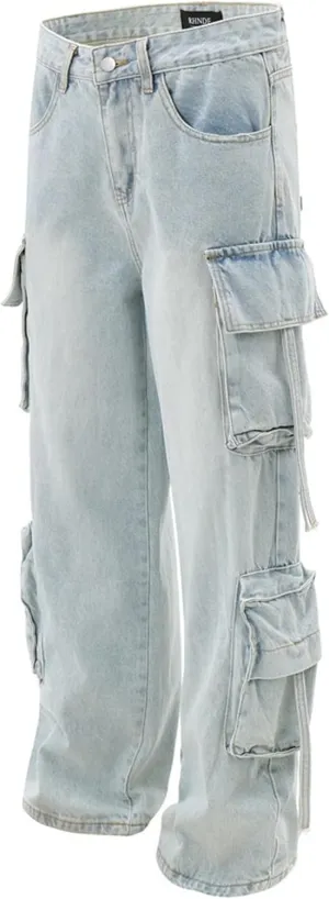 XYXIONGMAO Men's Blue Denim Heavy Washed Multi-Pocket Cargo Pants Functional Hip Hop Techwear Streetwear Slacks Jeans