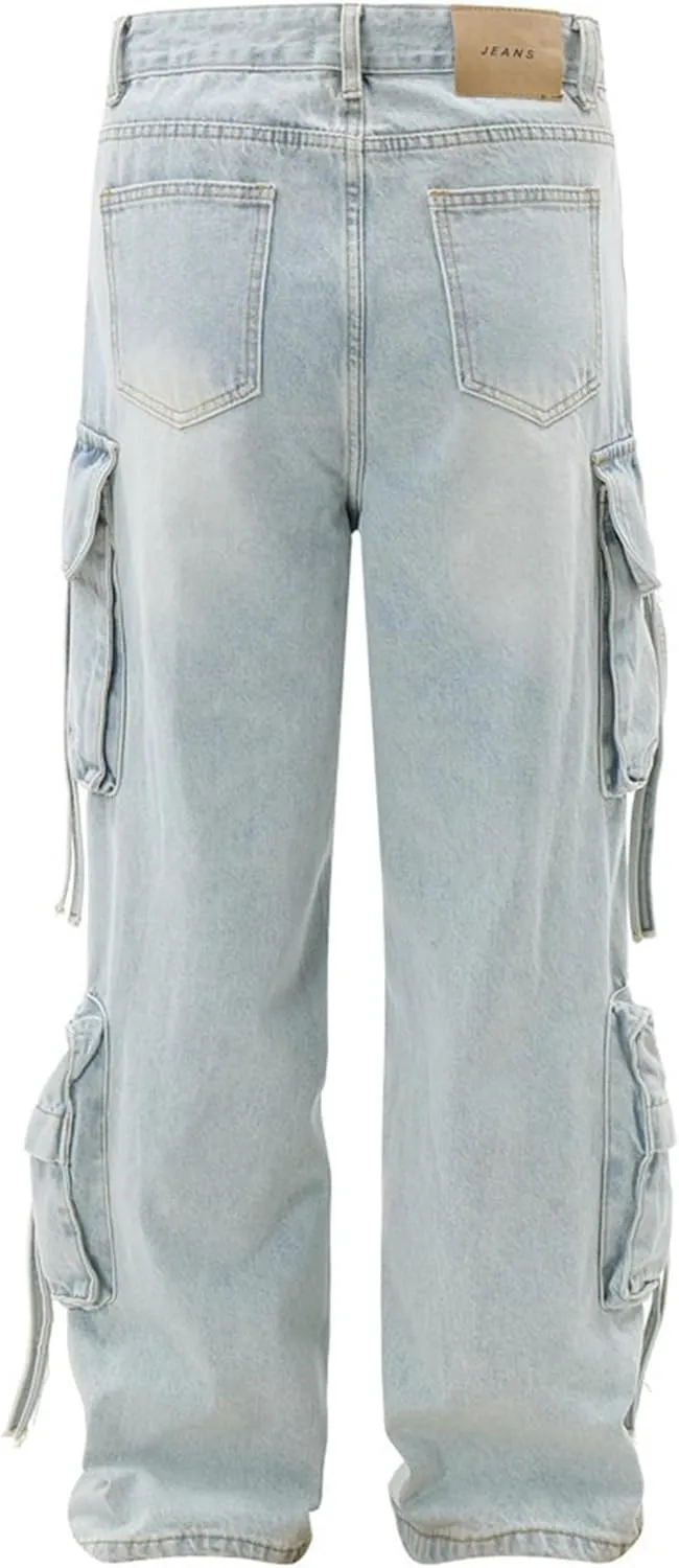 XYXIONGMAO Men's Blue Denim Heavy Washed Multi-Pocket Cargo Pants Functional Hip Hop Techwear Streetwear Slacks Jeans