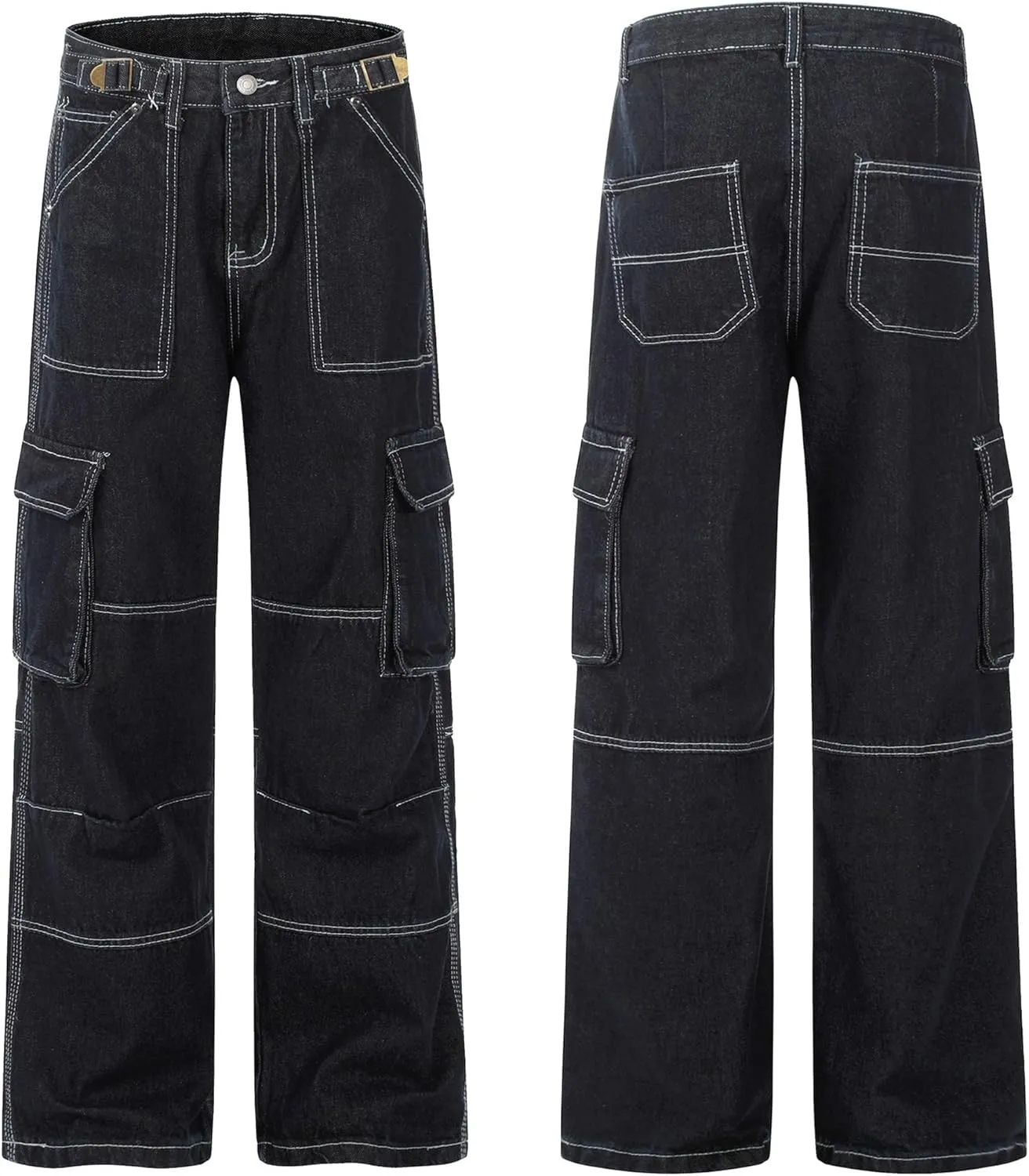 XYXIONGMAO Men's Blue Hip Hop Casual Jeans Streetwear Techwear Overalls Cargo Pants Multi-Pocket Sweatpants Washed Denim