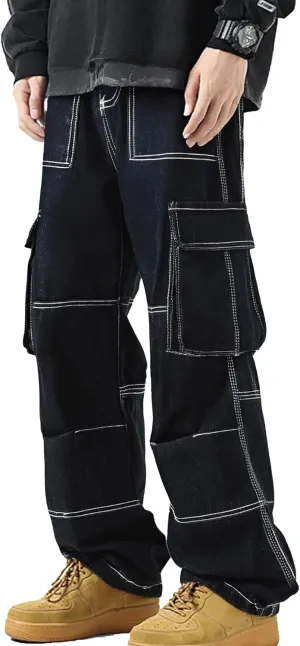 XYXIONGMAO Men's Blue Hip Hop Casual Jeans Streetwear Techwear Overalls Cargo Pants Multi-Pocket Sweatpants Washed Denim