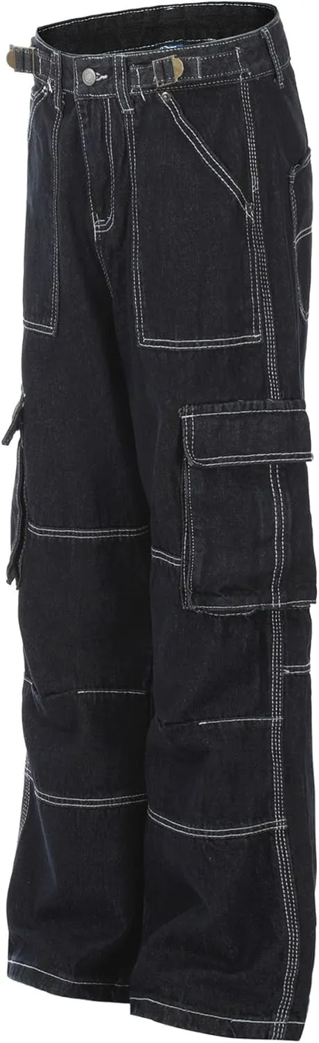 XYXIONGMAO Men's Blue Hip Hop Casual Jeans Streetwear Techwear Overalls Cargo Pants Multi-Pocket Sweatpants Washed Denim