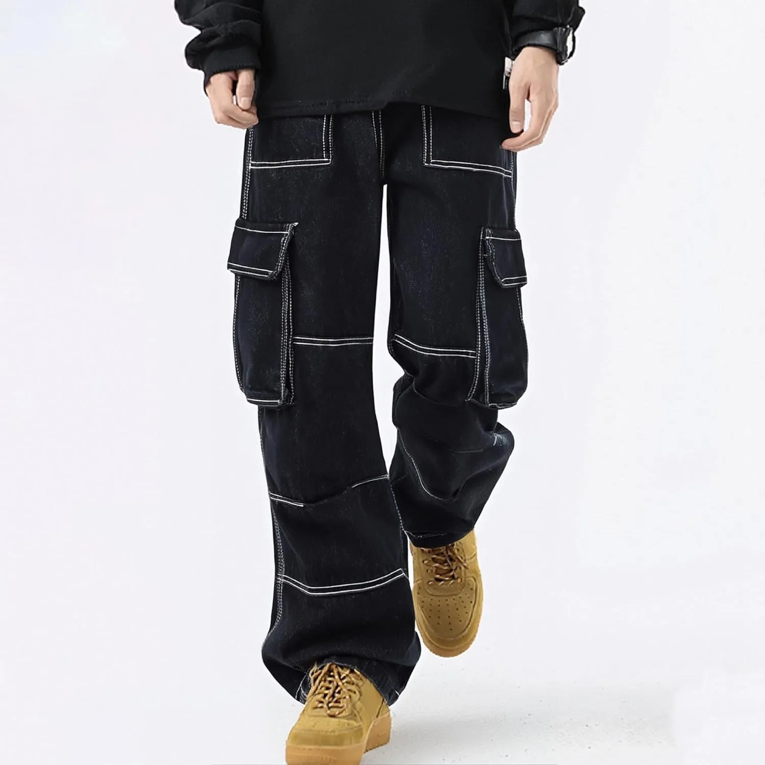XYXIONGMAO Men's Blue Hip Hop Casual Jeans Streetwear Techwear Overalls Cargo Pants Multi-Pocket Sweatpants Washed Denim