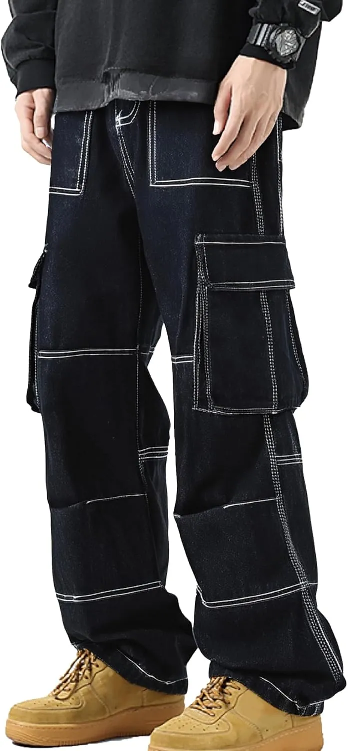 XYXIONGMAO Men's Blue Hip Hop Casual Jeans Streetwear Techwear Overalls Cargo Pants Multi-Pocket Sweatpants Washed Denim