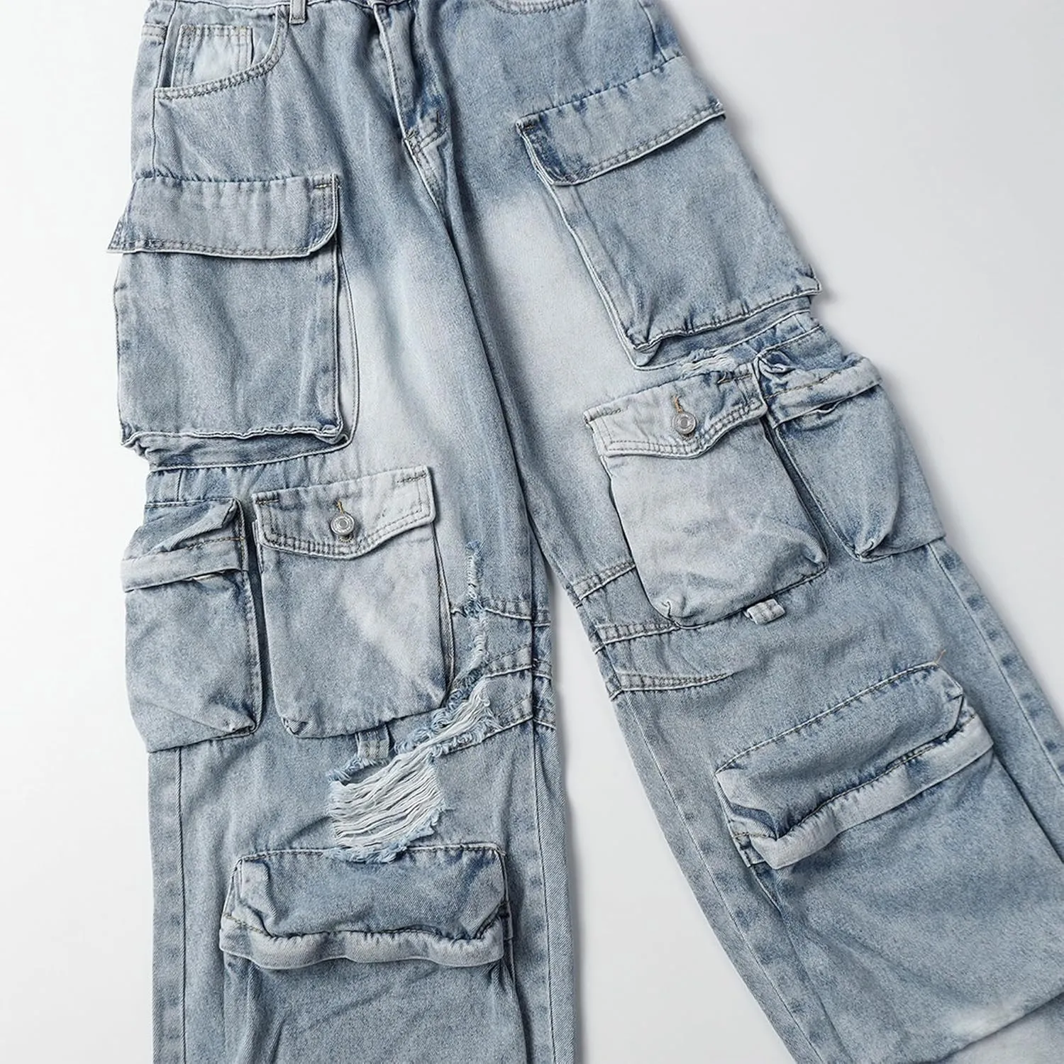 XYXIONGMAO Men's Blue Techwear Streetwear Overalls Joggers Multi-Pocket Cargo Pants Pleated Vintage Loose Hip Hop Sweatpants