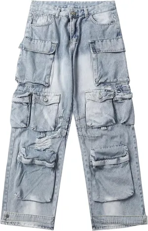 XYXIONGMAO Men's Blue Techwear Streetwear Overalls Joggers Multi-Pocket Cargo Pants Pleated Vintage Loose Hip Hop Sweatpants
