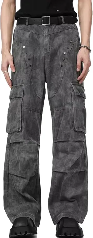 XYXIONGMAO Men's Grey Streetwear Sweatpants Techwear Overalls Cargo Pants Multi-Pocket Washed Denim Hip Hop Casual Jeans