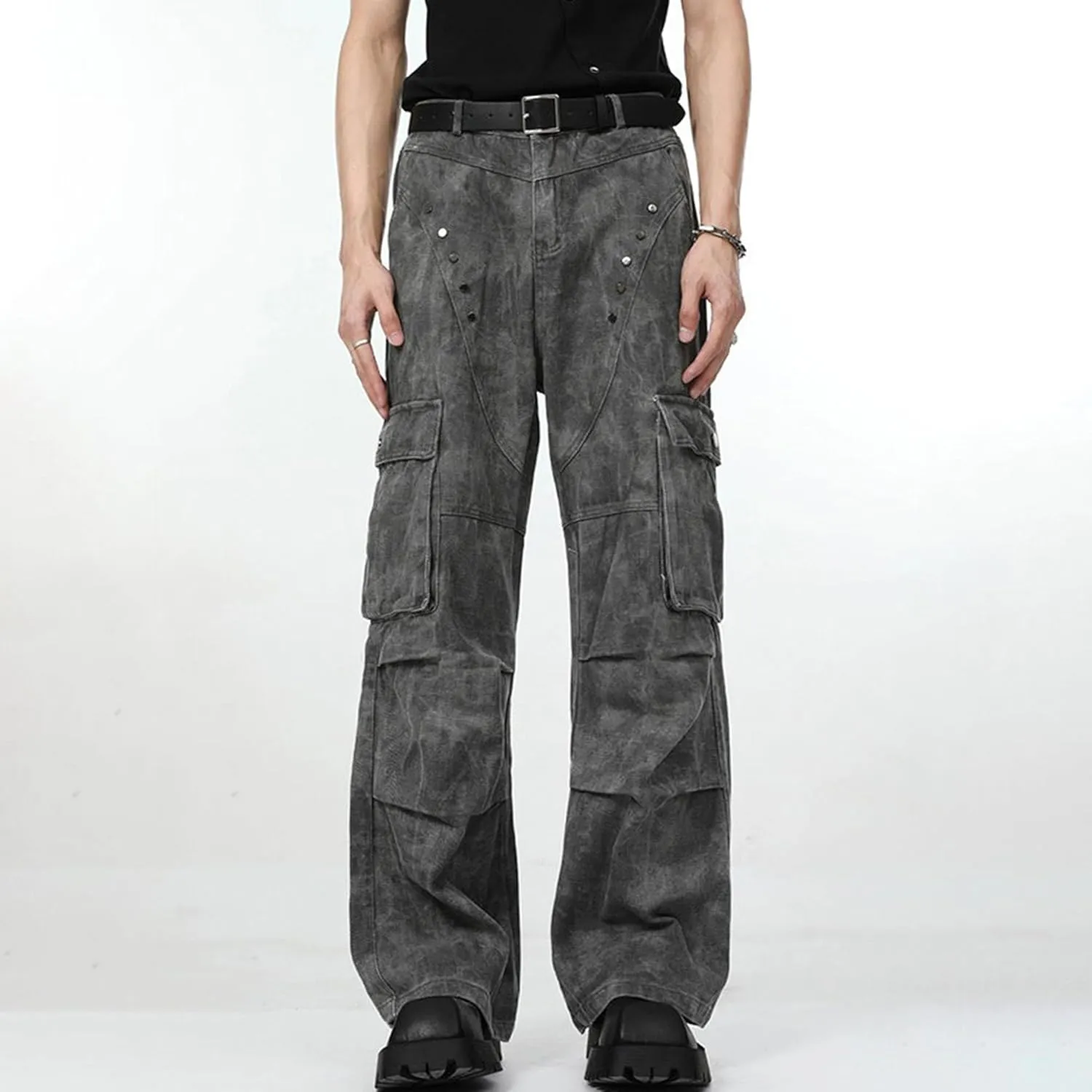 XYXIONGMAO Men's Grey Streetwear Sweatpants Techwear Overalls Cargo Pants Multi-Pocket Washed Denim Hip Hop Casual Jeans