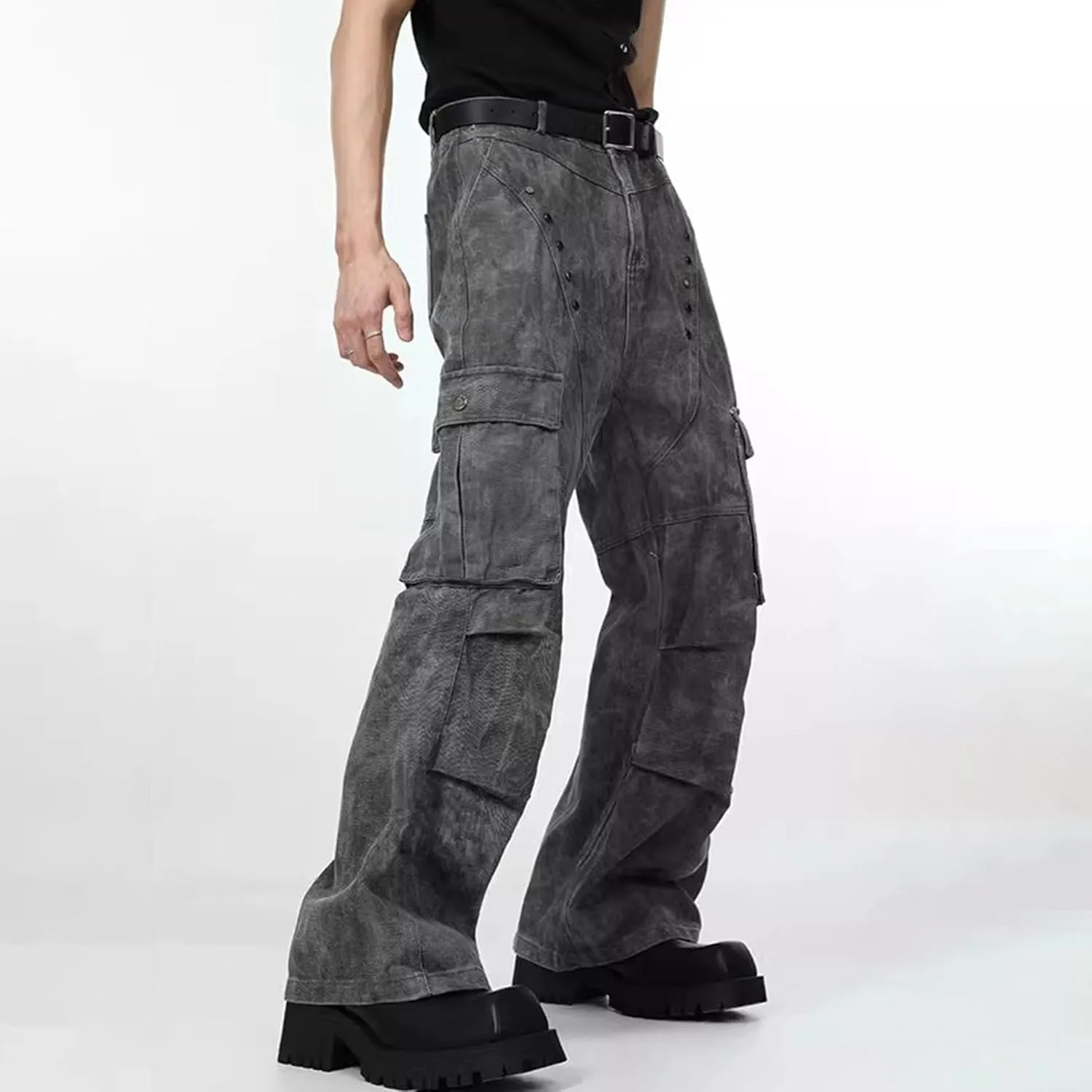 XYXIONGMAO Men's Grey Streetwear Sweatpants Techwear Overalls Cargo Pants Multi-Pocket Washed Denim Hip Hop Casual Jeans