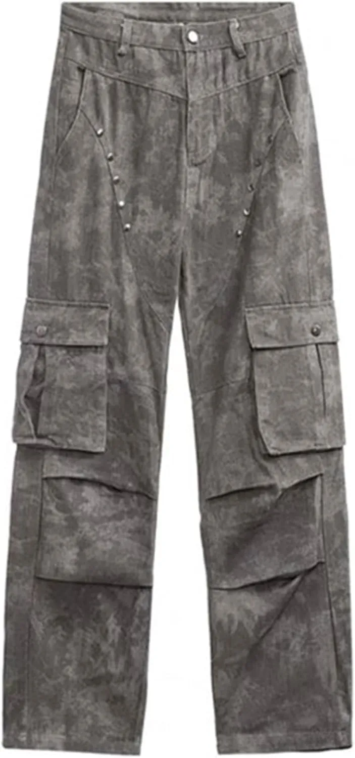XYXIONGMAO Men's Grey Streetwear Sweatpants Techwear Overalls Cargo Pants Multi-Pocket Washed Denim Hip Hop Casual Jeans