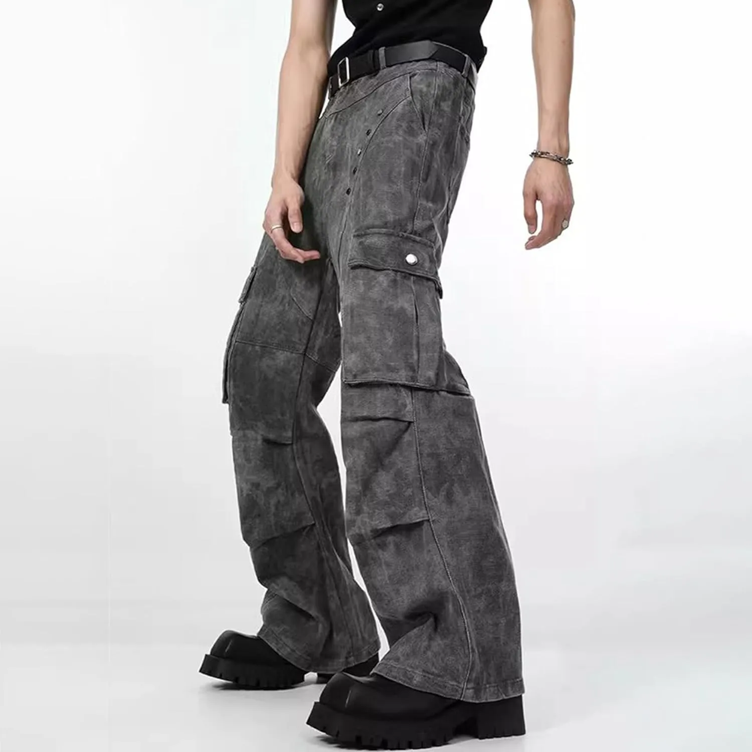 XYXIONGMAO Men's Grey Streetwear Sweatpants Techwear Overalls Cargo Pants Multi-Pocket Washed Denim Hip Hop Casual Jeans