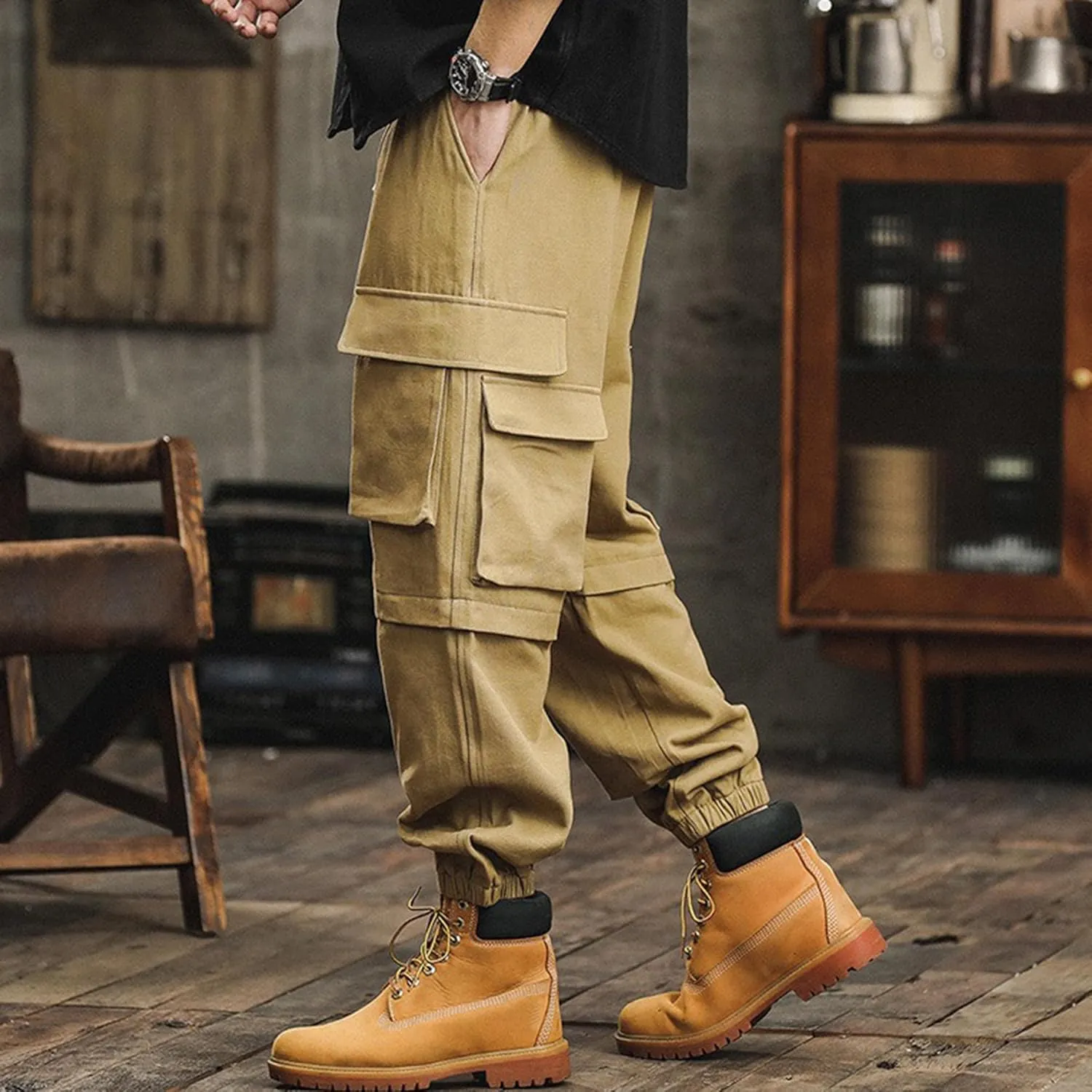 XYXIONGMAO Men's Hip Hop Multi-Pocket Black Cargo Pants Casual Streetwear Techwear Overalls Loose Joggers Sweatpants