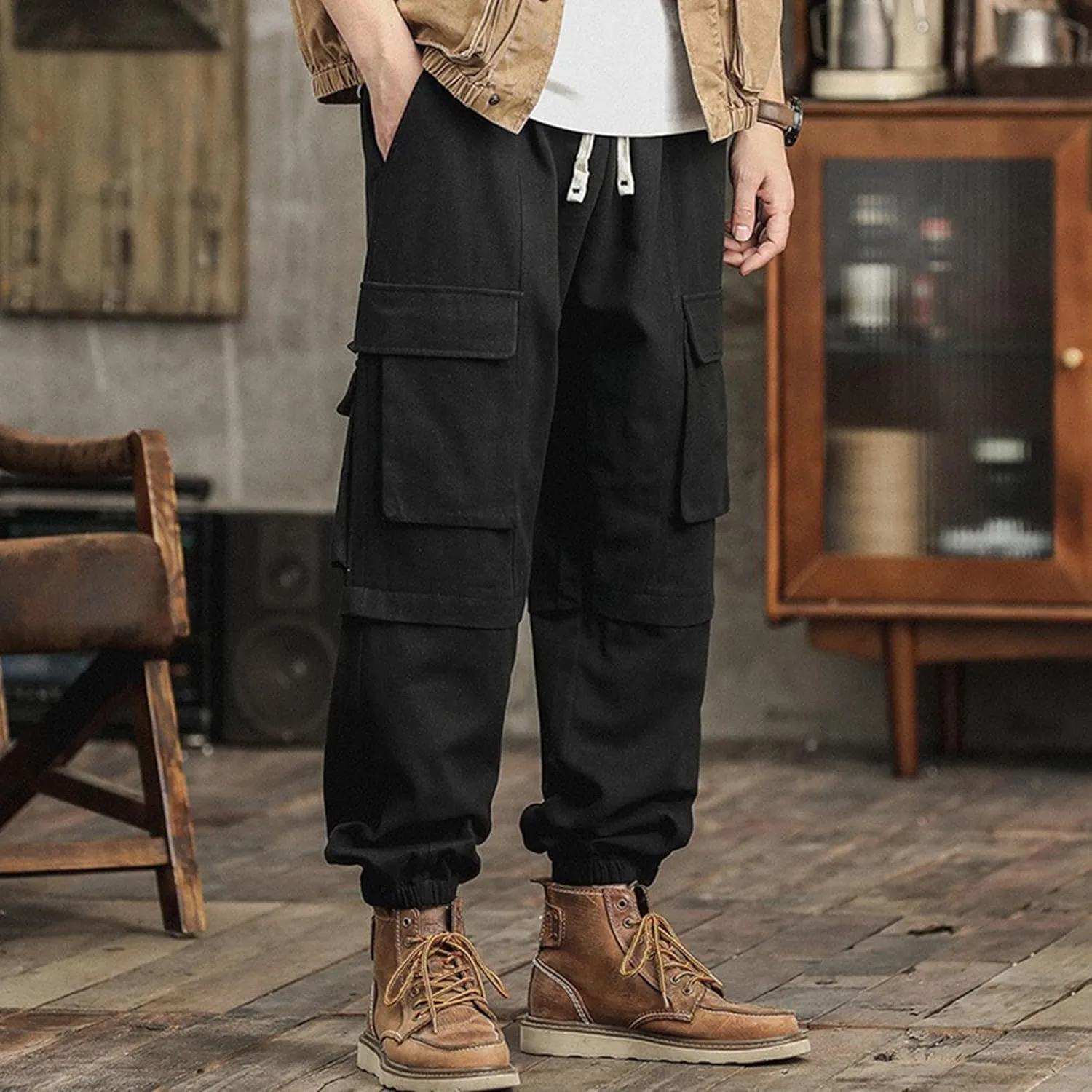 XYXIONGMAO Men's Hip Hop Multi-Pocket Black Cargo Pants Casual Streetwear Techwear Overalls Loose Joggers Sweatpants