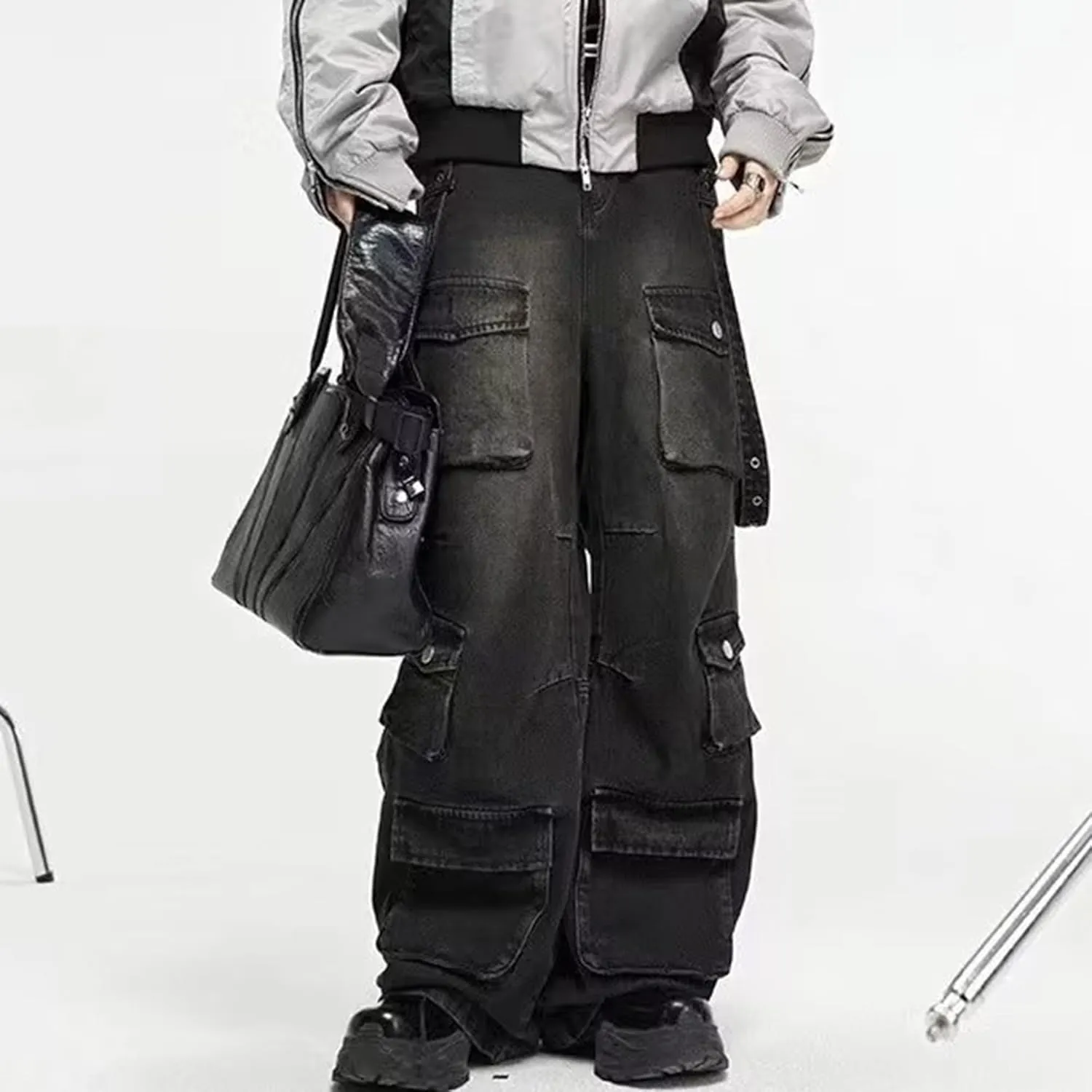 XYXIONGMAO Men's Streetwear Slacks Hip Hop Techwear Functional Sweatpants Ribbon Denim High Street Multi-Pocket Cargo Pants