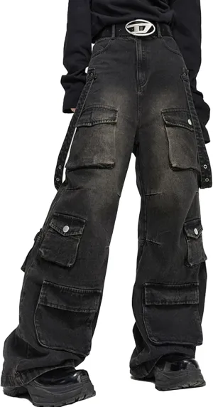 XYXIONGMAO Men's Streetwear Slacks Hip Hop Techwear Functional Sweatpants Ribbon Denim High Street Multi-Pocket Cargo Pants