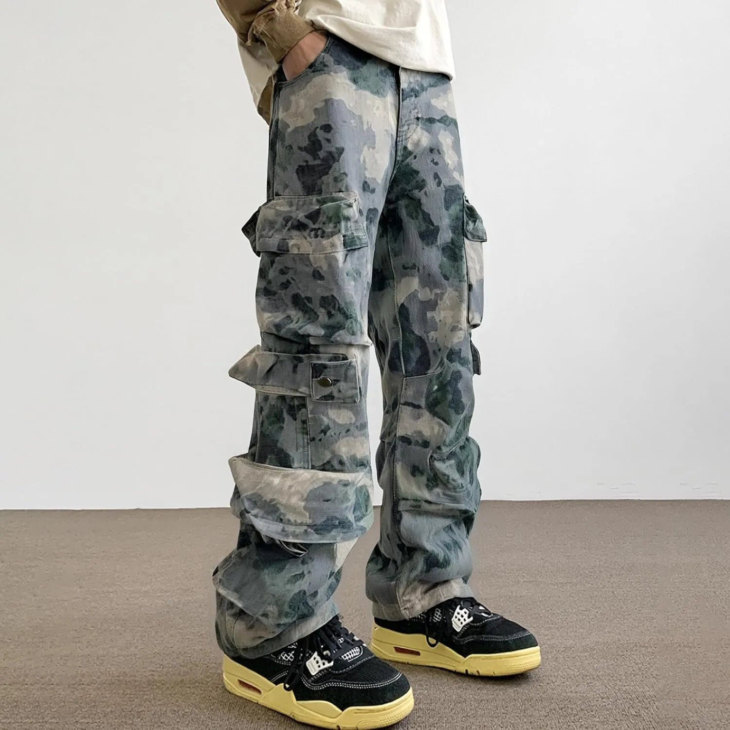 XYXIONGMAO Men's Zipper Hip Hop Streetwear Techwear Casual Cargo Pants Multi-Pocket Loose Sweatpants Camouflage Overalls