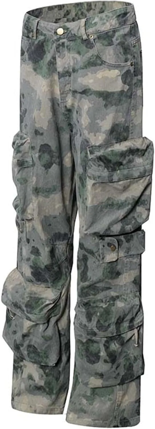 XYXIONGMAO Men's Zipper Hip Hop Streetwear Techwear Casual Cargo Pants Multi-Pocket Loose Sweatpants Camouflage Overalls