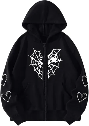 Y2K Hoodies for Women Full Zip Up Print Graphic Oversized Pockets Hooded Jacket 90s Long Sleeve Sweatshirt Streetwear Drop