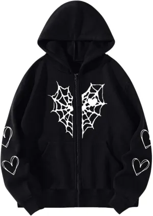 Y2K Hoodies for Women Pullover Print Graphic Pockets Hooded Jacket 90s Long Sleeve Sweatshirt Fall Drop Shoulder with Hood