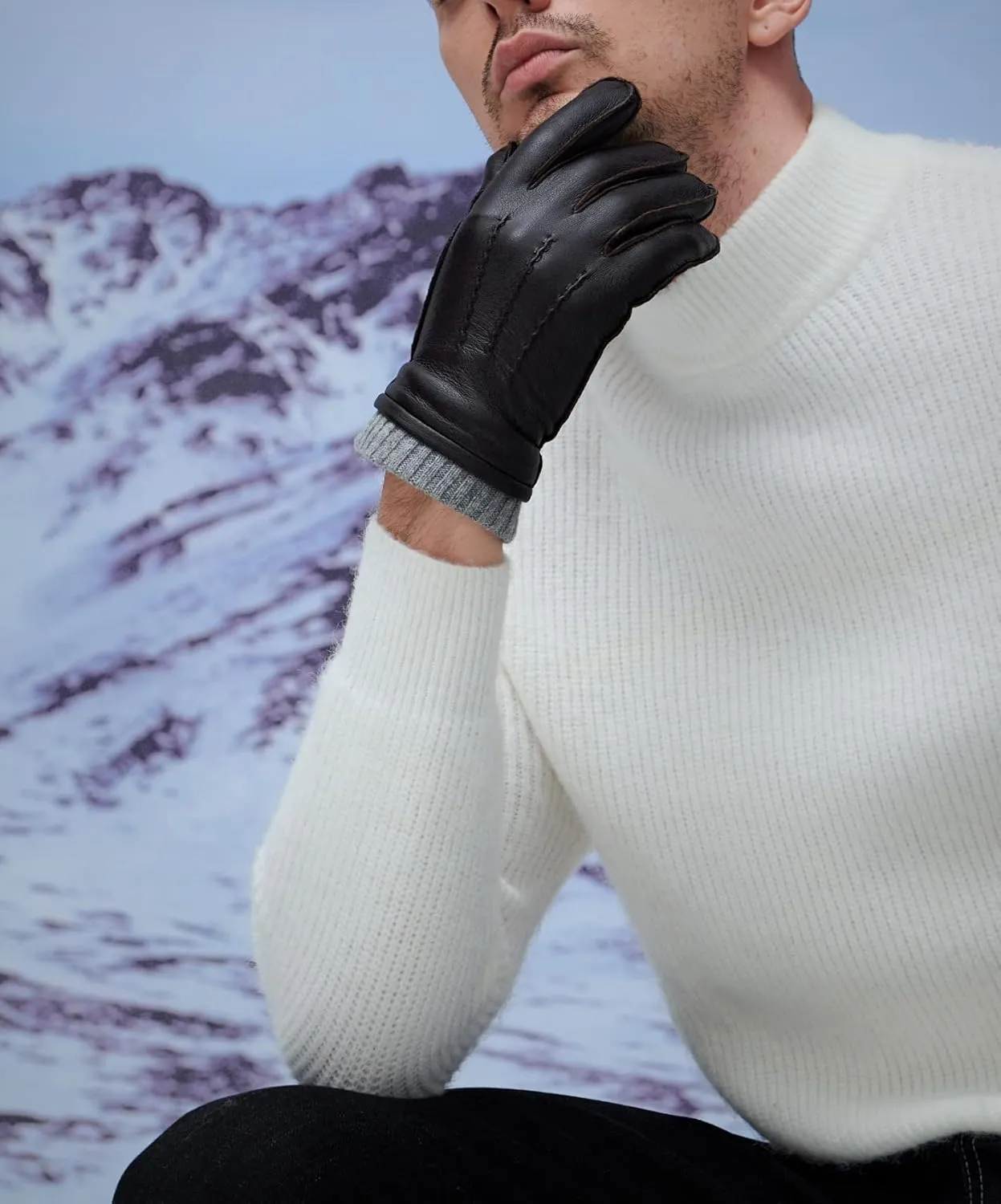 YISEVEN Men's Lambskin Leather Gloves Touchscreen