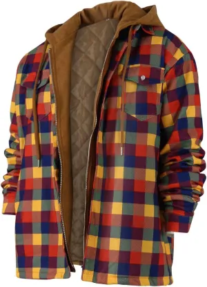 Ymosrh Men's Shirt Jackets Hooded Shirt Jacket Plaid Quilted Lined Long Sleeve Fall Winter Coat Button Shirts, M-5XL