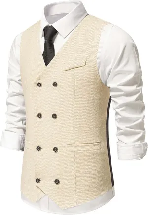 Zeiyignr Mens Business Casual Suit Vest V Neck Double Breasted Dress Vests Tweed Slim Fit Waistcoat for Wedding Formal Party